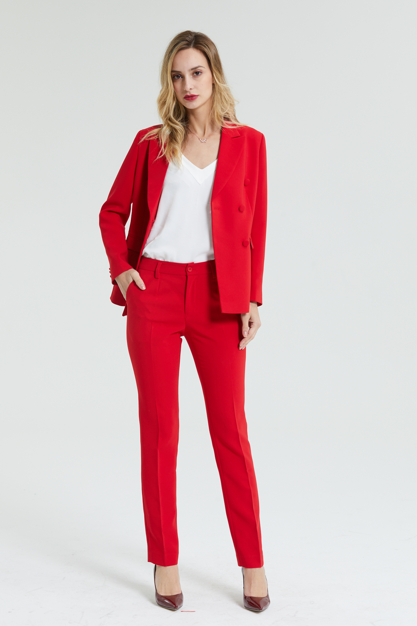 Womens Pant Suit Red Elegant Office Lady Blazers Jacket Two Pieces